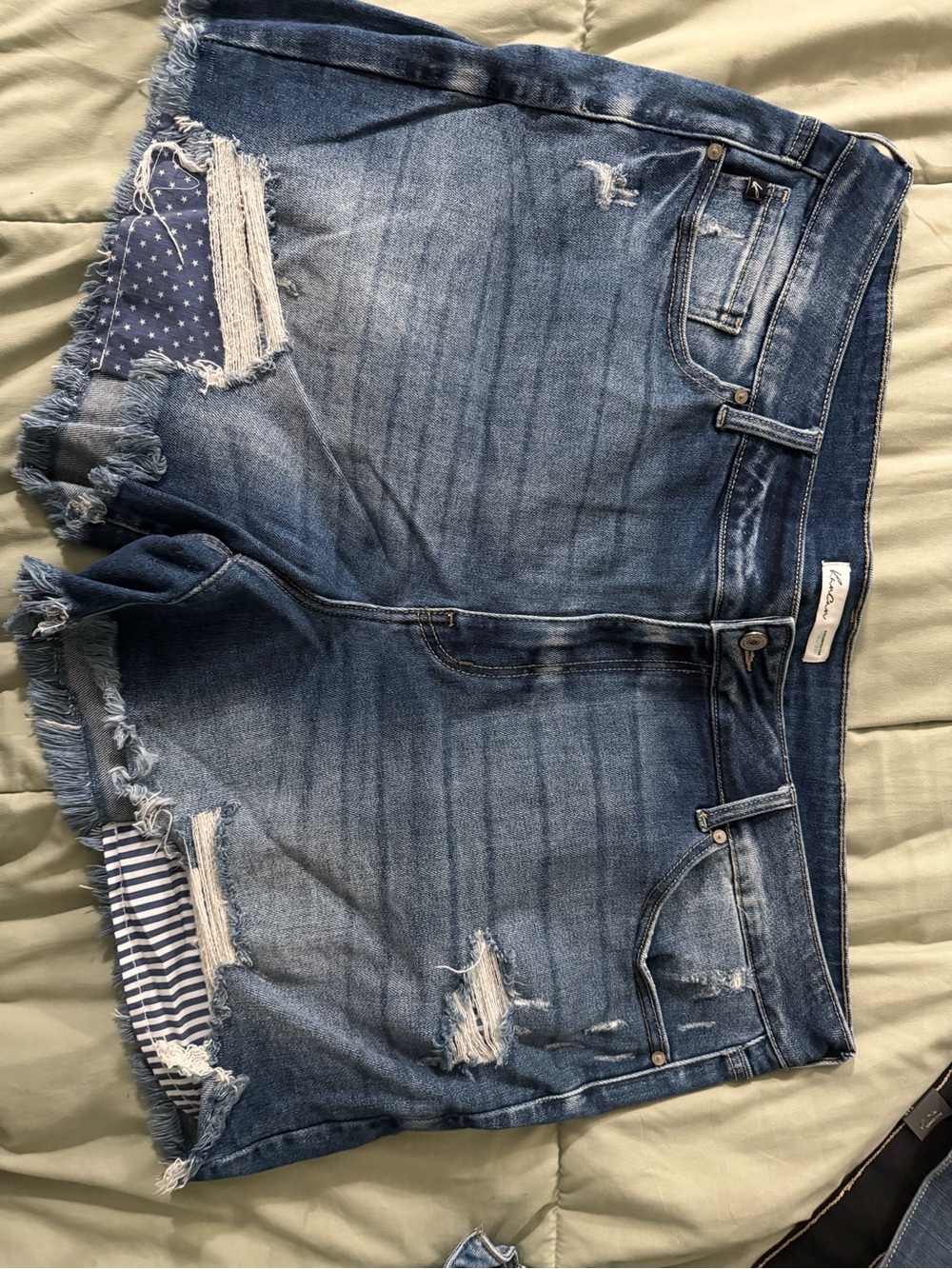 KanCan Distressed Blue Denim Jean Shorts with Patch Details